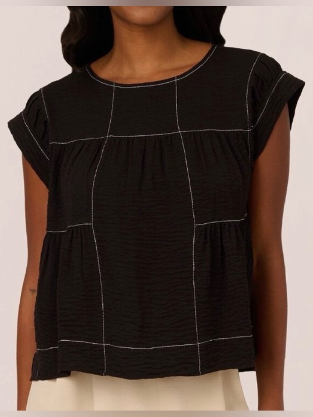 NWT Adrianna Papell Black Top with Extended Short Sleeves and White Stitching